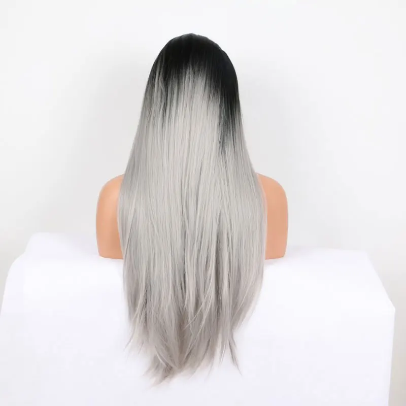 Hitam Ombre abu-abu lurus sintetis 13X4 renda depan wig kualitas tinggi tahan panas serat rambut belahan Tengah untuk mode wanita