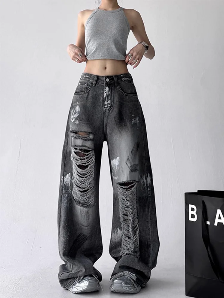 Women Jeans 2026 Autumn Women Vintage Washed Ripped Jeans High Waist Straight Leg Pants Distressed Retro American Street