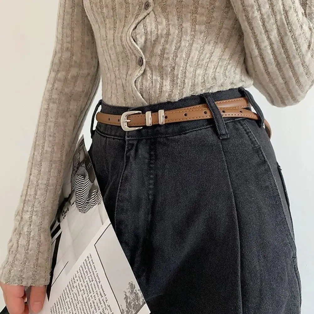 1PC Fashion Simple PU Leather Belt Versatile Silver Pin Buckle Women's Belt Luxury Decoration Student Jeans Thin Belt