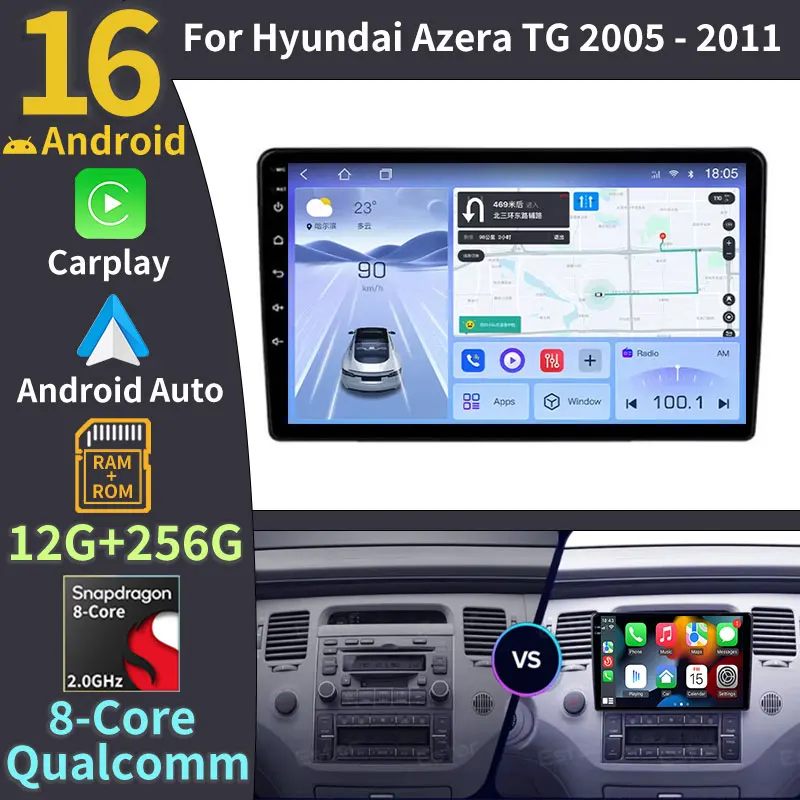 Android 16 Carplay Auto Car Radio For Hyundai Azera Grandeur TG 2005 - 2011 GPS Recorder Multimedia Player No 2din DVD HDR 5G