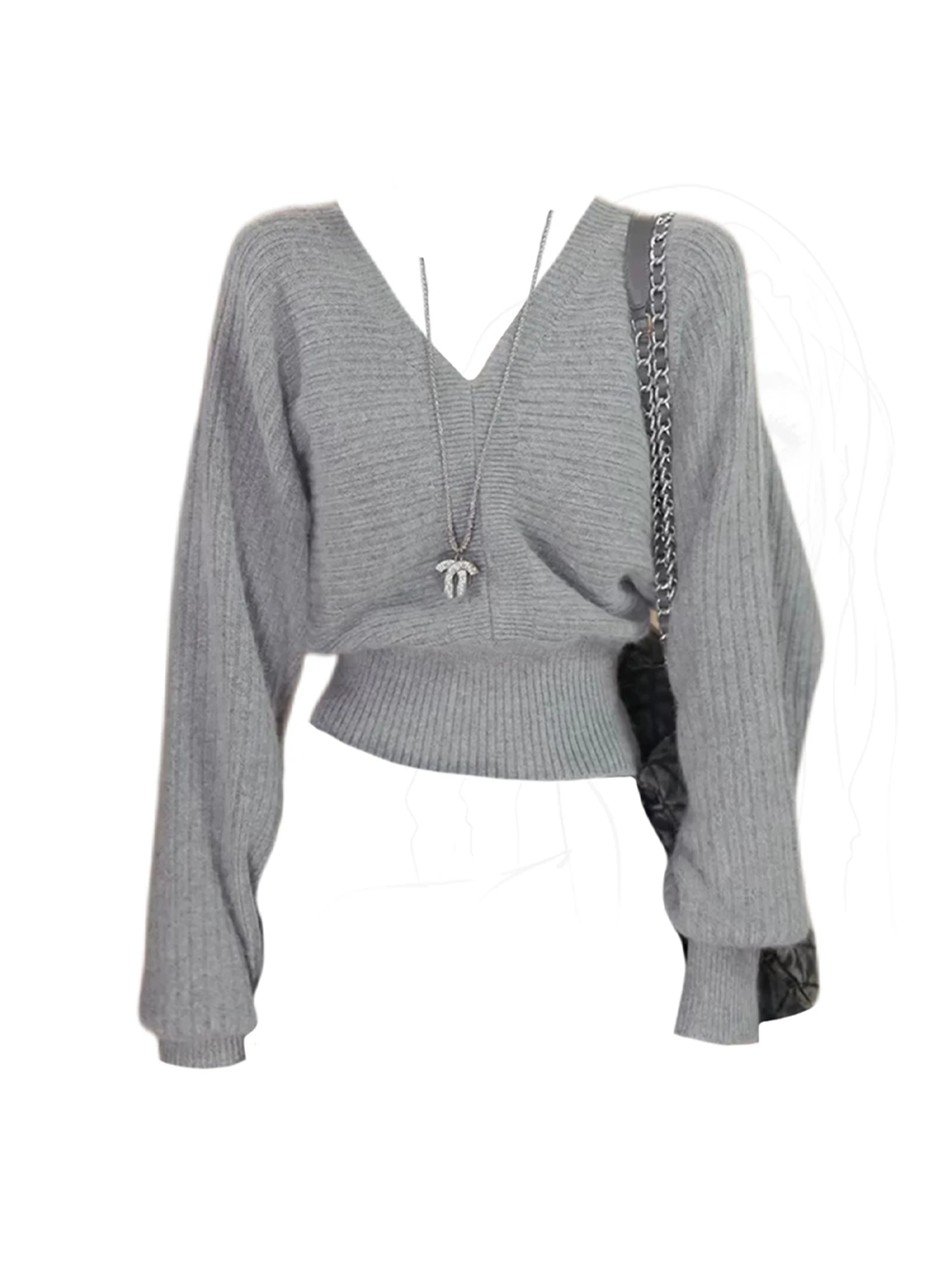 

Женский серый пуловер, корейский свитер, винтажный джемпер 2000-х годов Y2k с длинными рукавами, вязаный кашемировый свитер с v-образным вырезом, весна-осень