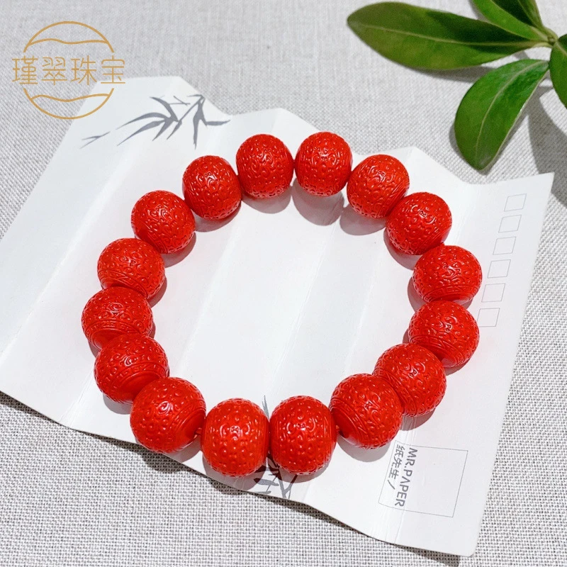 Natural ore high-content red bracelet with patterned and floral beads women