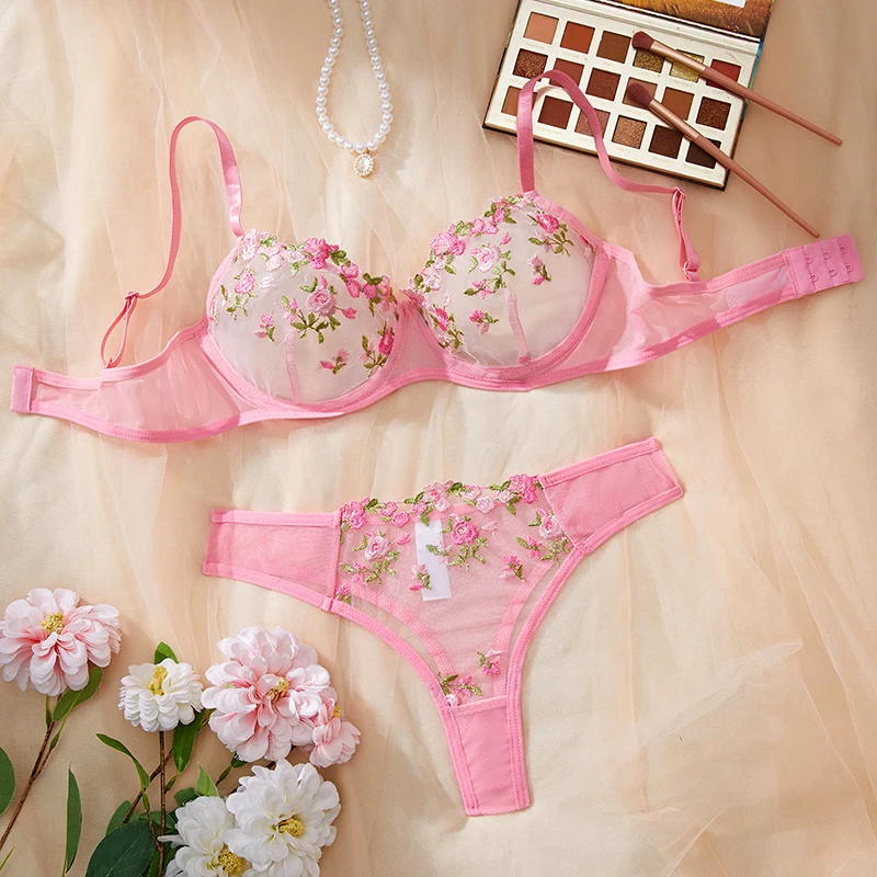 Frauen Unterwäsche Stickerei Versuchung Transparent Sexy Dessous Fee Kurze Set Zarte Bh Kit Push-Up Breves Sets Erotische Bhs
