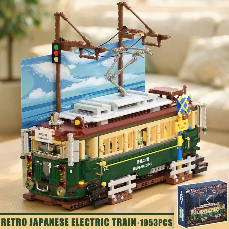 

Creative Retro Japanese Cable Car Vintage Electrice Train Building Blocks City Railway Train With Lights Bricks MOC Toy Kid Gift