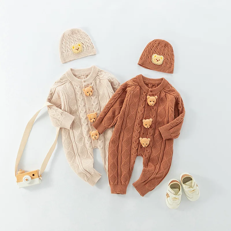 Baby Boys Romper Spring Autumn 0-2 Year Plaid Jacquard 3D Bear Knitted Infant Boys Jumpsuit Casual Exterior Newborn Boy Bodysuit