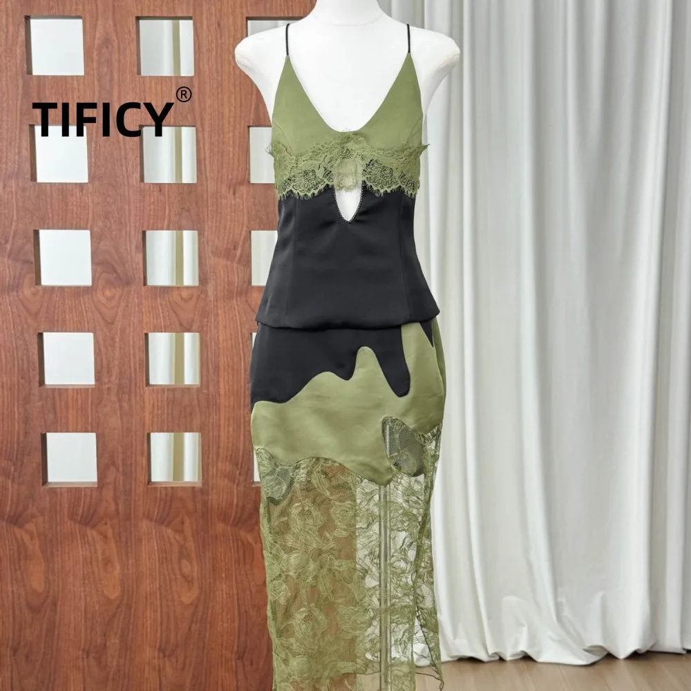 High Street 2pcs Set Women's Early Autumn New Color Blocking Slim Fit V-neck Lace Patchwork Sling+half Skirt Set