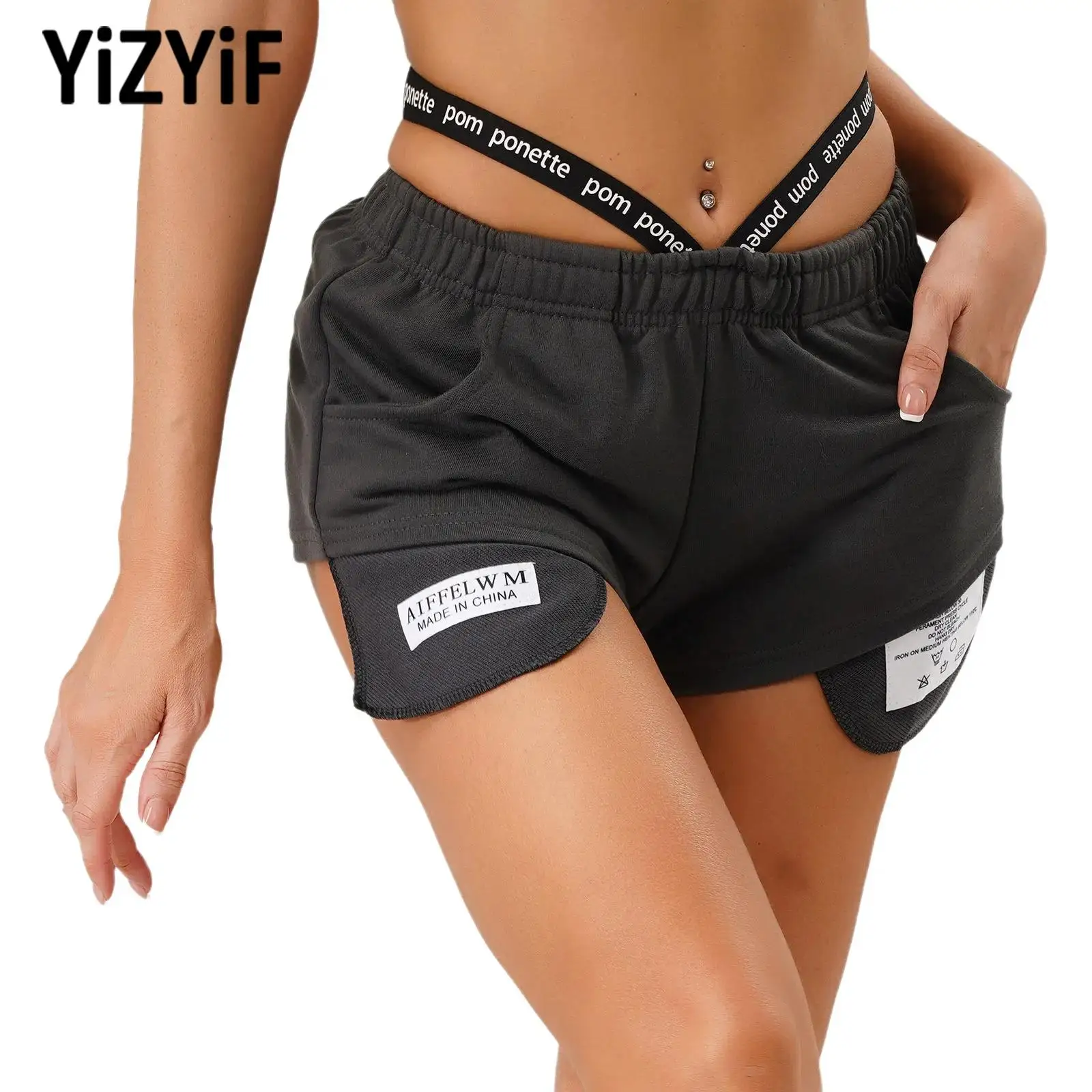 

Women's Sportswear Yoga Workout Shorts Gym Running Jogging Costume Fashion Cross Letter Print Elastic Band Shorts with Pockets