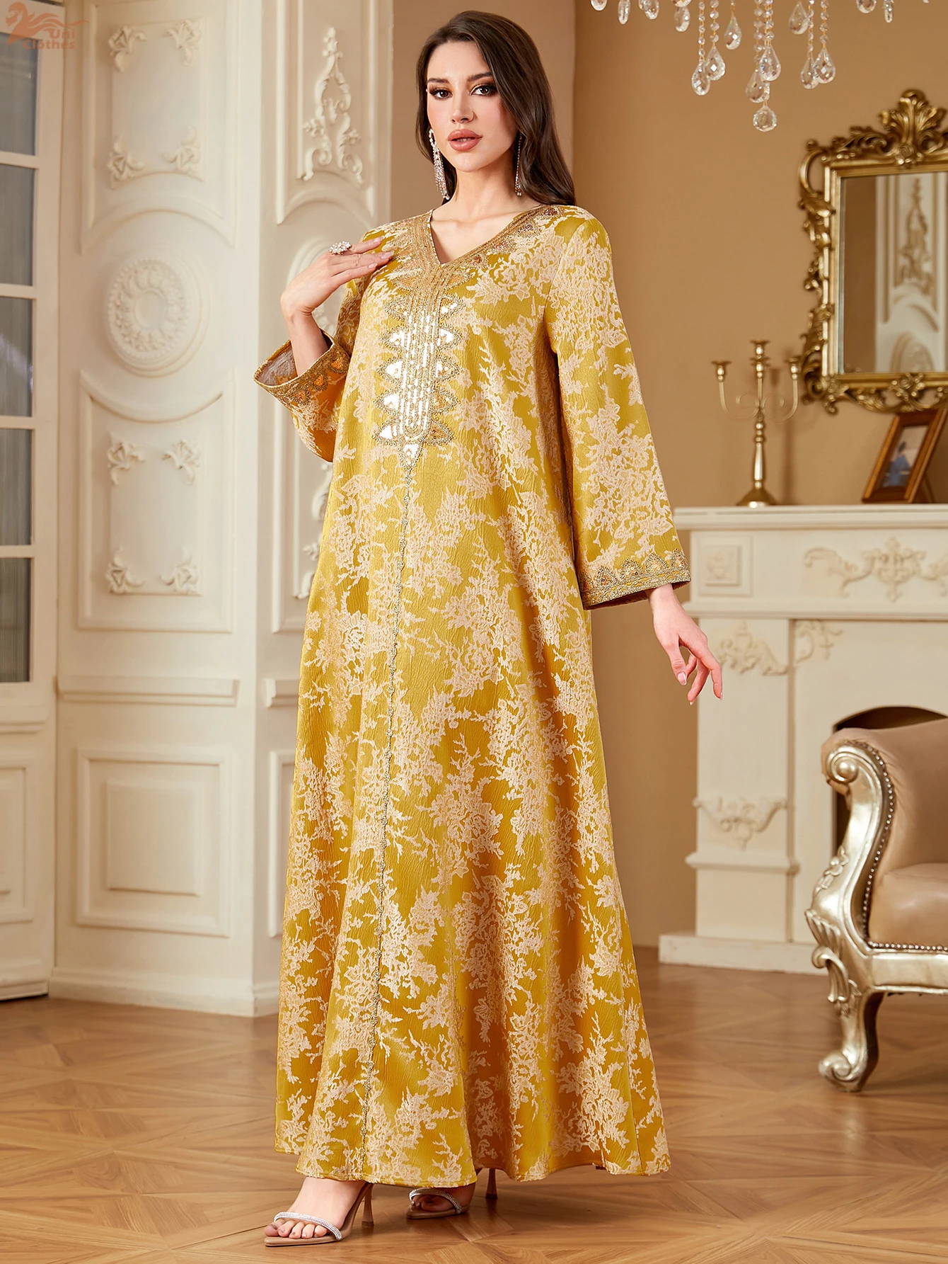 Fashion Summer Ethnic Floral Print Long Dress Muslim Vintage V-Neck Lace Tape Dress Eid Mubarak Sequins Clothing Women Dress ﻿