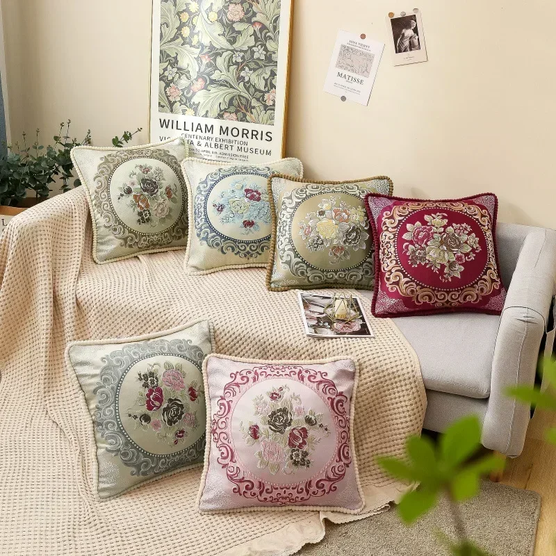 Embroidered Flowers Jacquard Cushion Cover 48x48CM Light Luxury Home Bed Headrest Chenille Pillowcase Car Office Sofa Seat Decor