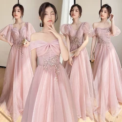 New Tulle Bridesmaid Dress Appliques Pink Elegatn Lace Up Off The Shoulder Long Wedding Guest Vestido de fiesta de boda