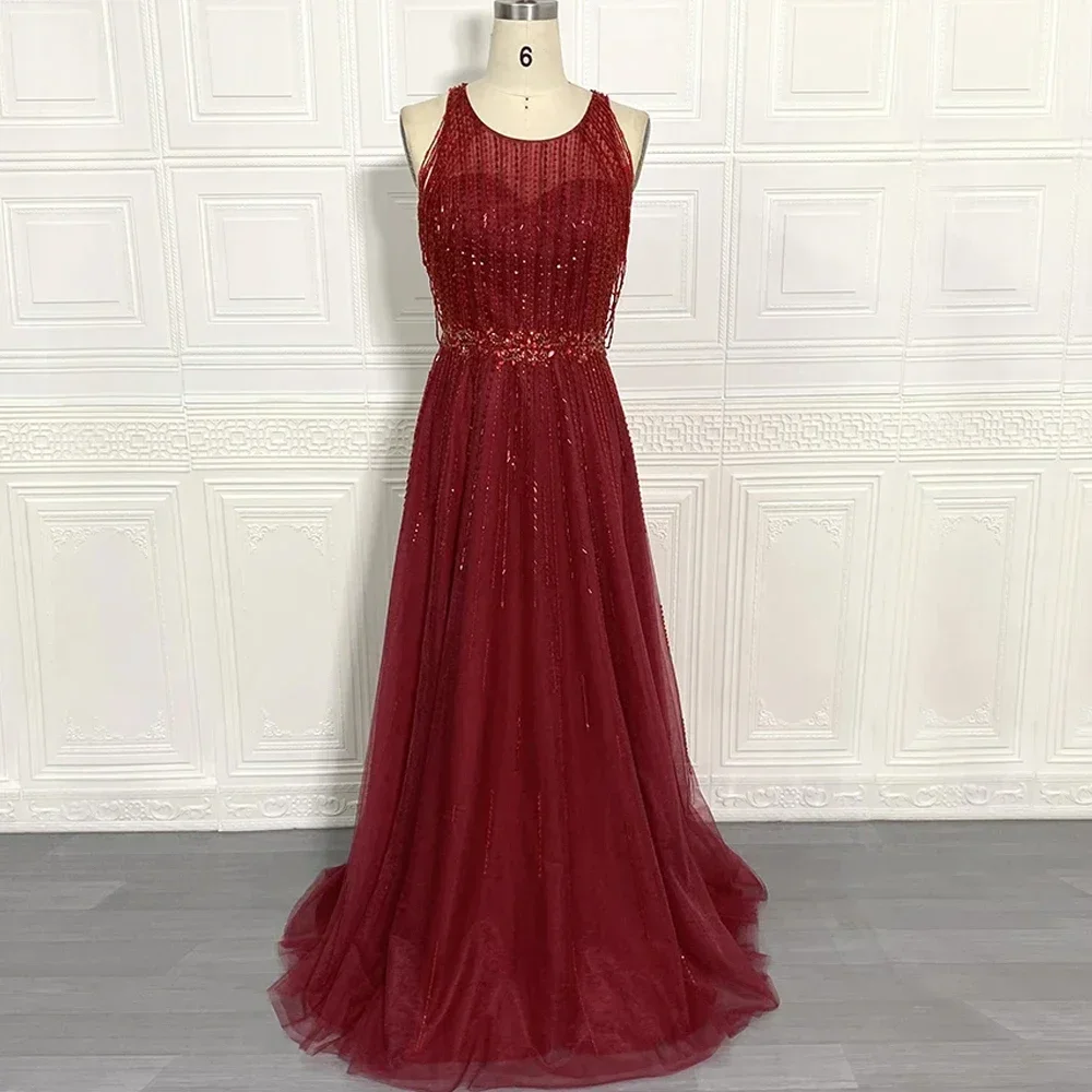 Customized Luxury High Split Tulle Sleeveless Evening Dresses For Women 2021 Beading A-Line Formal Party Gowns Fashionable Foref