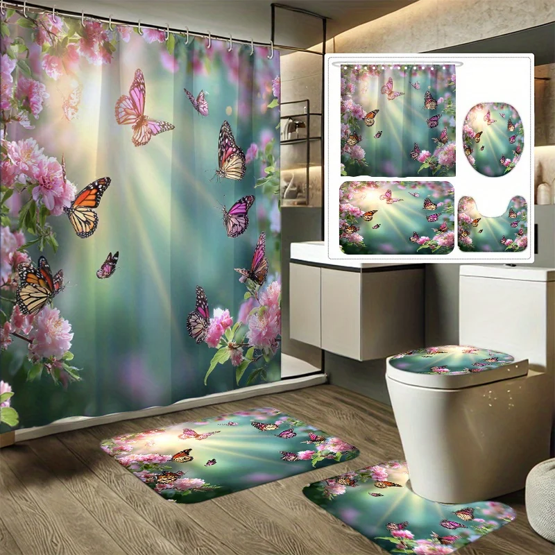 

4 шт., весенний комплект занавесок для душа с цветочным принтом и бабочкой для танца, набор декора для ванной комнаты включает занавеску для душа, нескользящий коврик для ванной