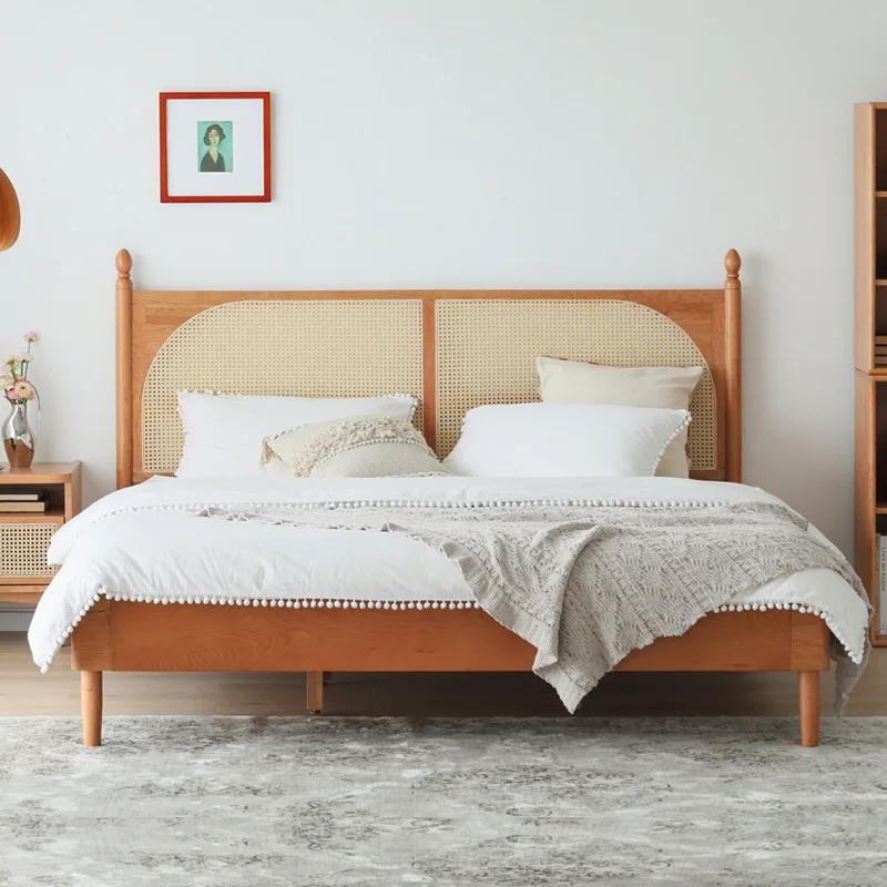 

Кровать из массива дерева премиум-класса в скандинавском стиле, двуспальная кровать в стиле ретро для главной спальни, мебель из вишневого дерева 1,8 метра