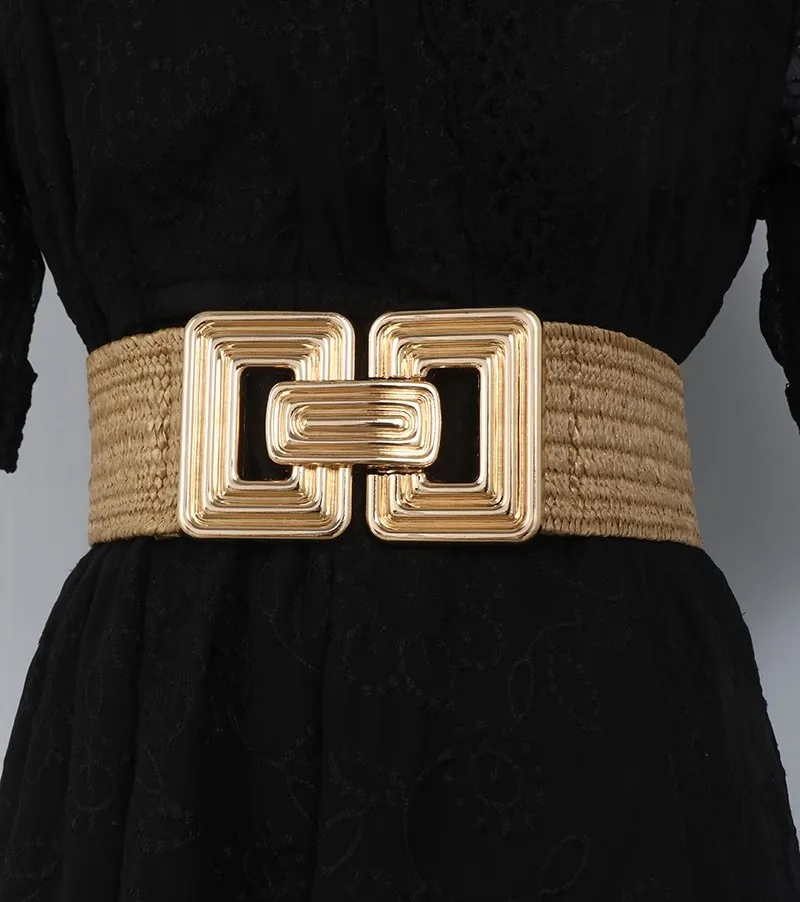 Women's Fashion Gold Buckle Elastic Corset Female Cummerbund Coat Waistband Dress Decration Wide Belt J034