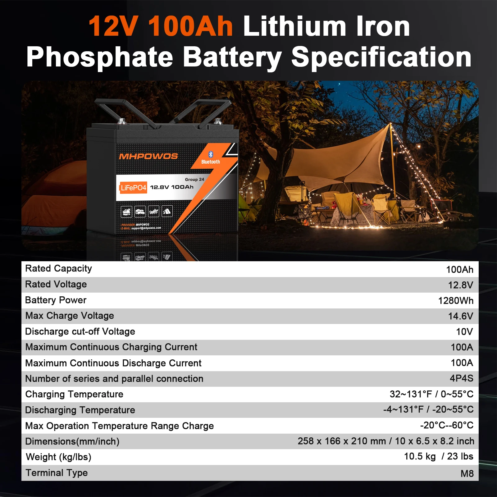 MHPOWOS LiFePO4 12V 100Ah Battery With BMS 15000 Cycles For RV/ Vans/ Camping/ Fishing/ Off Grid /Boat / Solar System