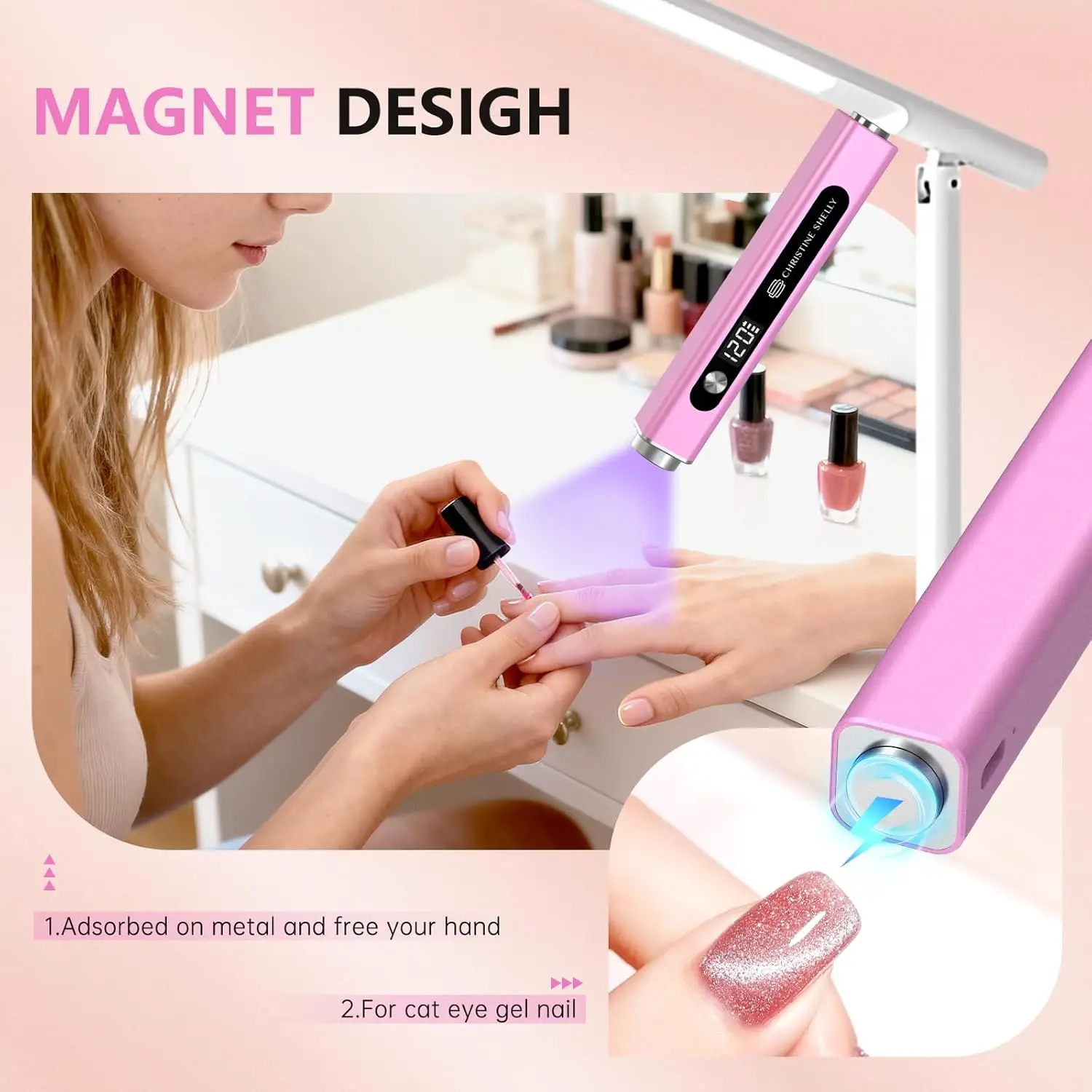 ضوء الأشعة فوق البنفسجية المحمول للأظافر الجل، مصباح أظافر لاسلكي 3 في 1 مع مغناطيس وختم، مجفف شاشة LED قابل لإعادة الشحن