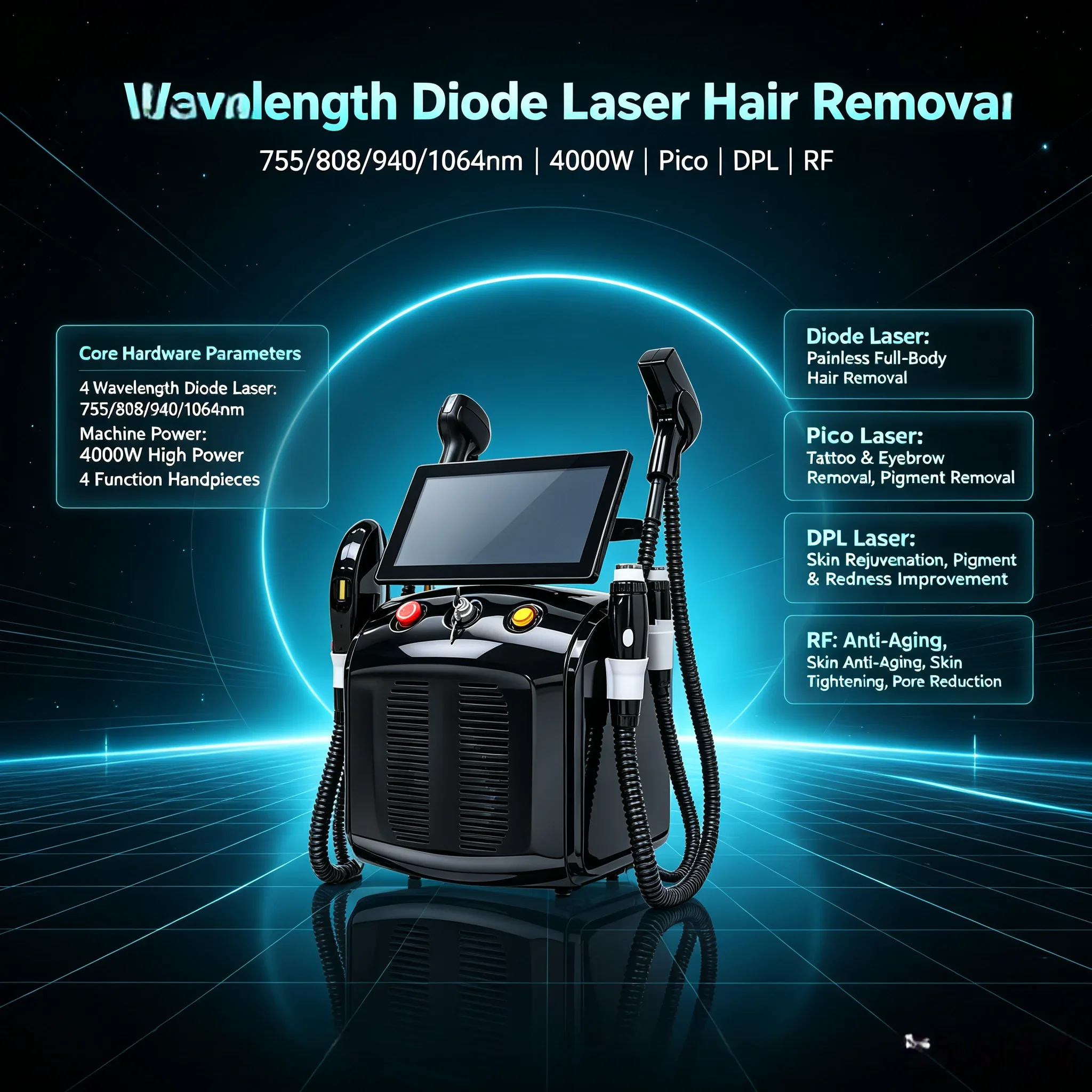 5000W Hair Removal 4 IN 1 IPL RF Diode Lasr Machine 755nm 808nm 1064nm 940nm 4 Wave Pico Laser Tatoo Remove Device for Salon