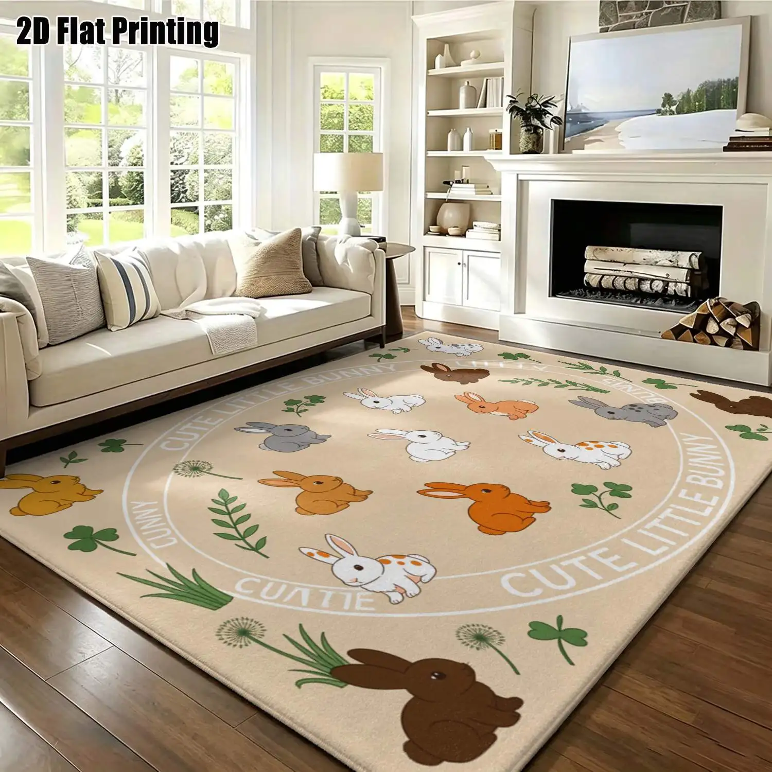 1Pc 2D Printed Cute Beige Rabbit Pattern Nordic Carpet, Instagram-Inspired Modern Minimalist Floor Mat, Multi-Size Machine Washable Home Decor for Entrance, Dining, Foyer, Bedroom, Living Room