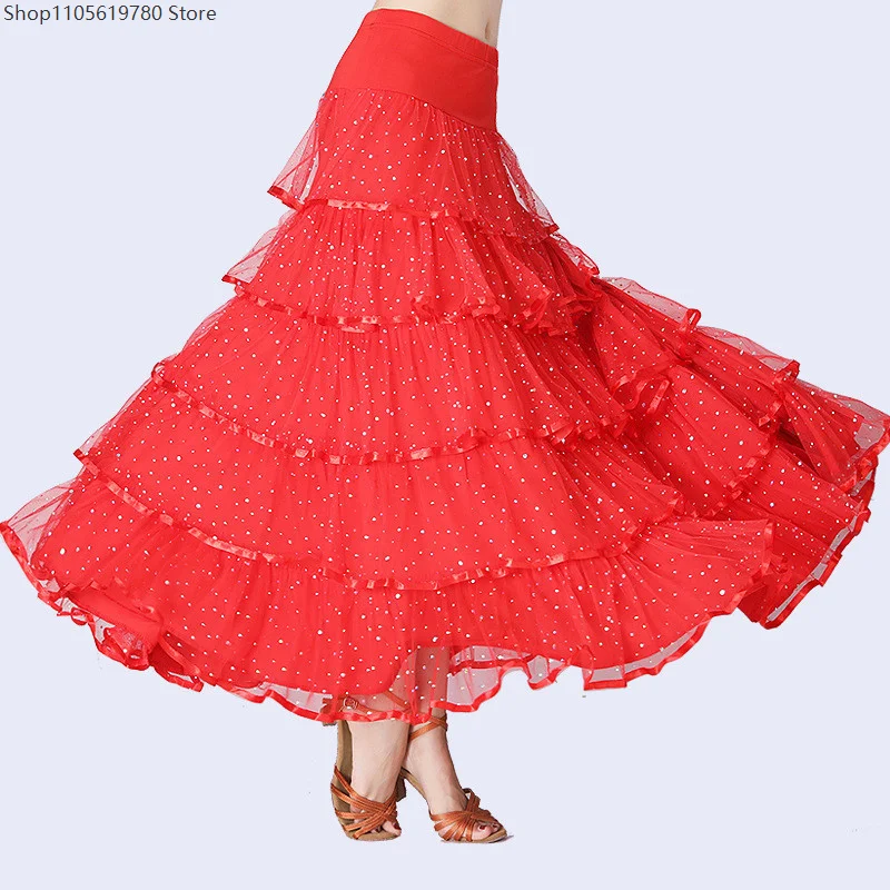 Womens Sparkle Dot Dance Skirt Wide Waistband Flared Long Skirt For Ballroom Modern Square Dance Stage Performance Costume