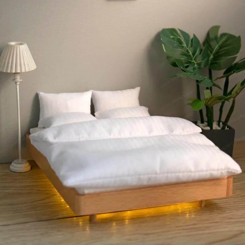 1:12 Doll House Mini Furniture Model with Suspended Double Bed, Bedroom Miniature Ornament