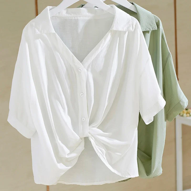 Women Blouses Summer White Short Sleeve Goth Blouse Women 2024 Knot Waist Loose Shirts Cotton Tops Elegant Women Blouses 19868