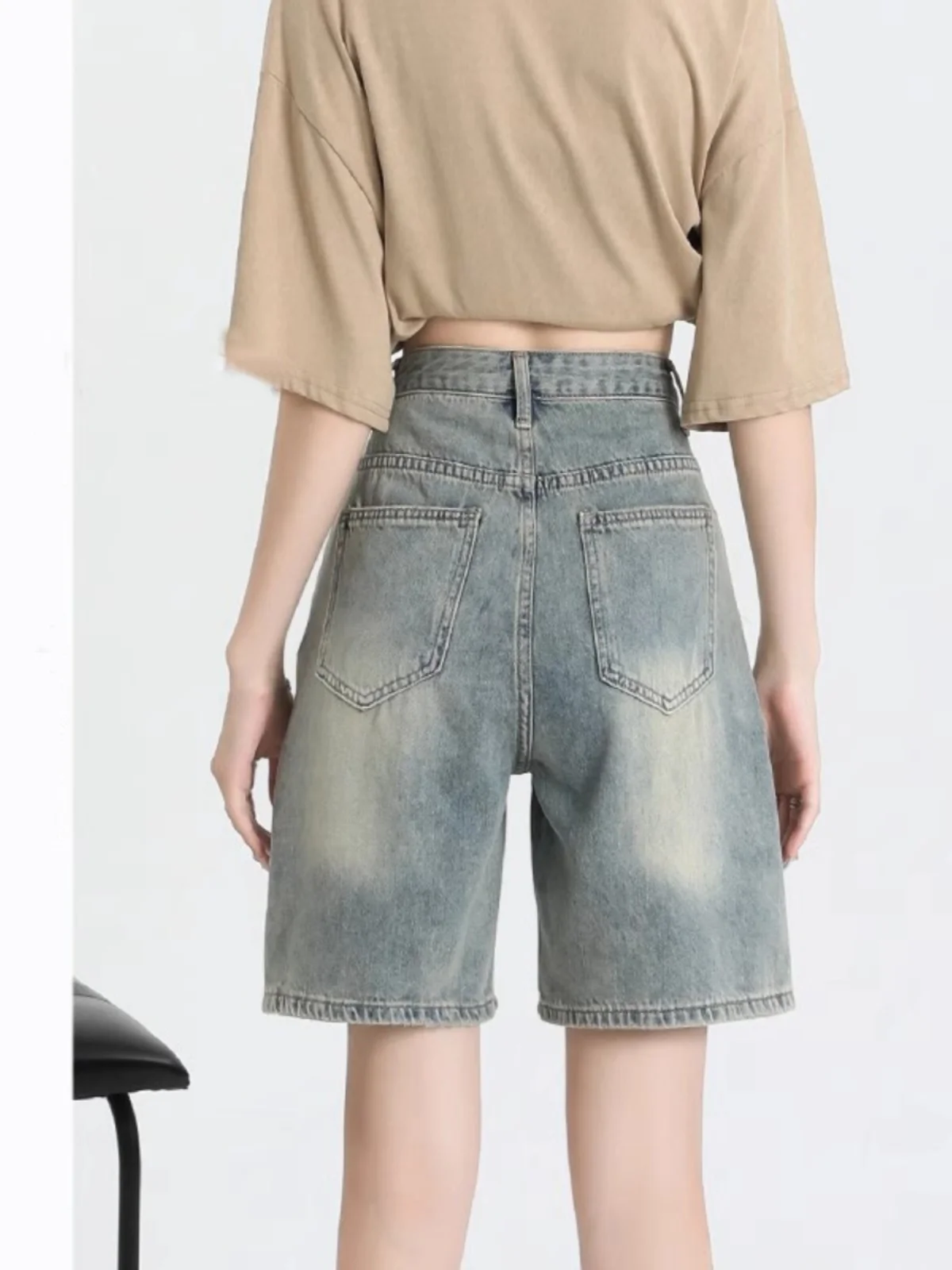 

Summer High Waist Distressed Denim Shorts Women's plus Size Casual Loose Straight Leg Pants Slimming Five-Quarter Length