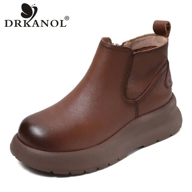 DRKANOL 2024 Autumn Winter Warm Shoes Women Genuine Cow Leather Chunky Platform Wedges Heel Side Zipper Retro Casual Ankle Boots