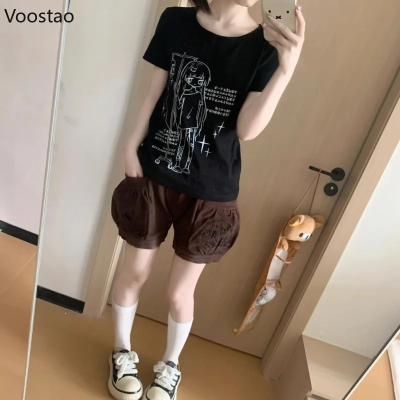 日本のかわいいロリータスタイルショーツ女性甘い漫画刺繍弾性ウエストショートパンツ夏の女の子かわいい Y2k ポケットショーツ