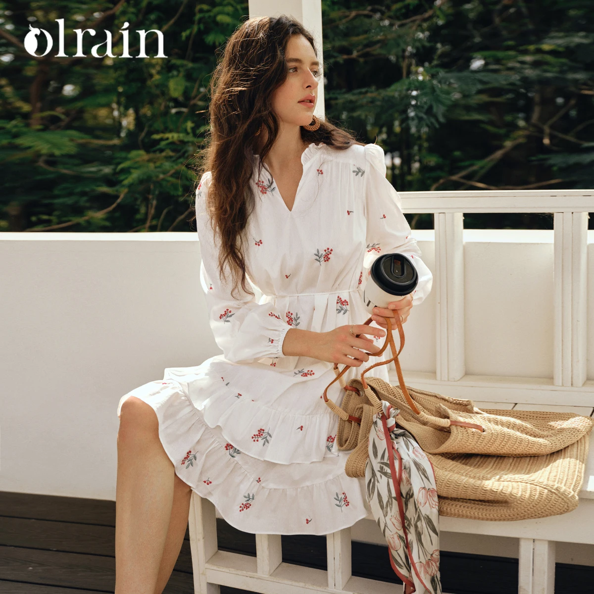 OLrain Damen Französisch besticktes weißes Kleid 2026 Frühling Eleganter Urlaubsstil Langarmkleid Damenbekleidung O57QL001326