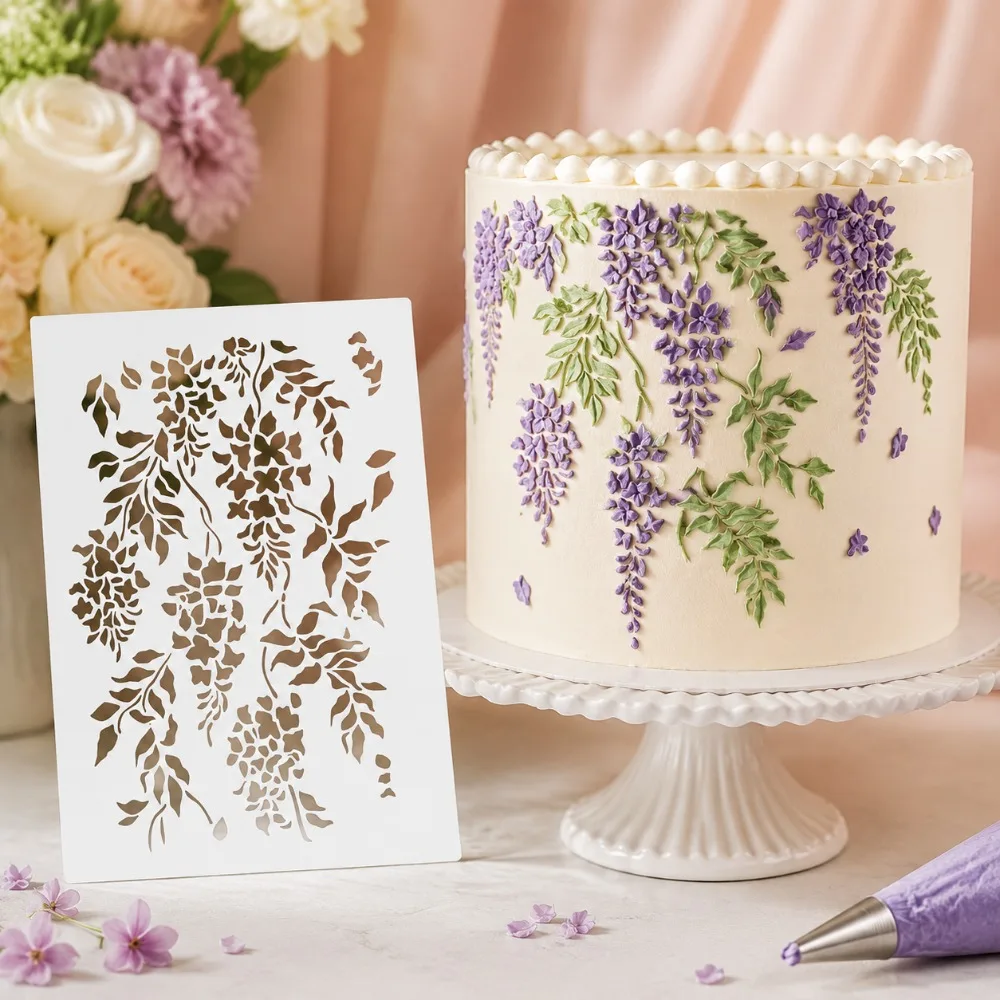 Wisteria Floral Cake Side Stencil, Food‑Grade PET Hollow‑Out Baking Decor Template