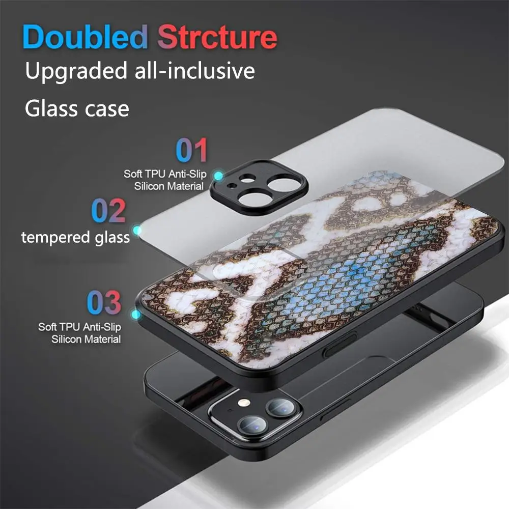 Luxury Leopard Snake leather Anti-Fall Case protectio for iPhone 16 15 13 12 11 14 17 Pro Max Plus 17 Air XS XR Glass phone case - view 6
