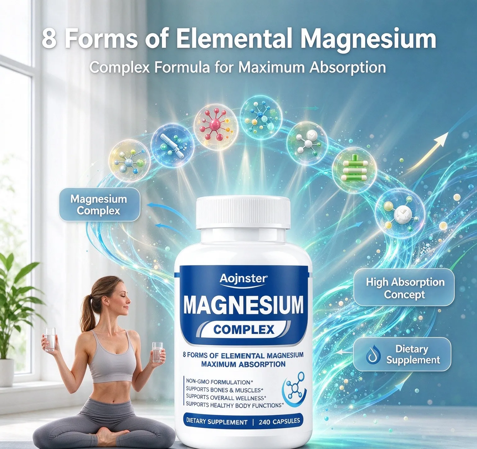 Magnesium Complex Capsules, 8 Forms of Elemental Magnesium, Maximum Absorption, Non-GMO, for Daily Wellness, Easy Swallow