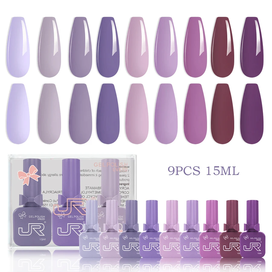 JR 9pcs 15ml gel nagellak set Inclusief Rood Roze Naakt Gel Polish Kit UV LED Losweken Polish Thuis DIY toplaag basislaag geschenken