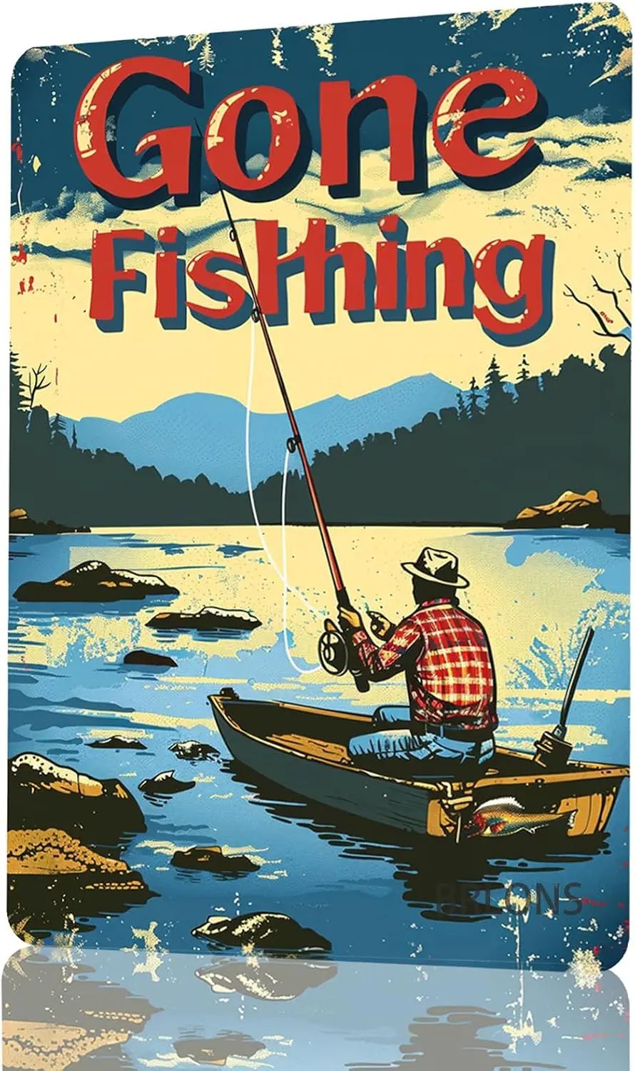 Metal Tin Sign Gone Fishing Metal Sign Alumium Sign Vintage Sign Retro Sign for Home Bar Office Outdoor Wall Decor 8x12Inch