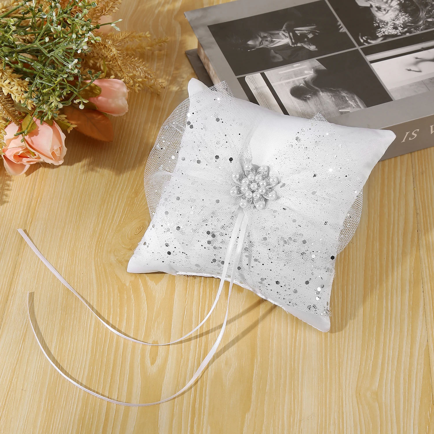 Romantic Wedding Ring Pillow Decorated with Flowers