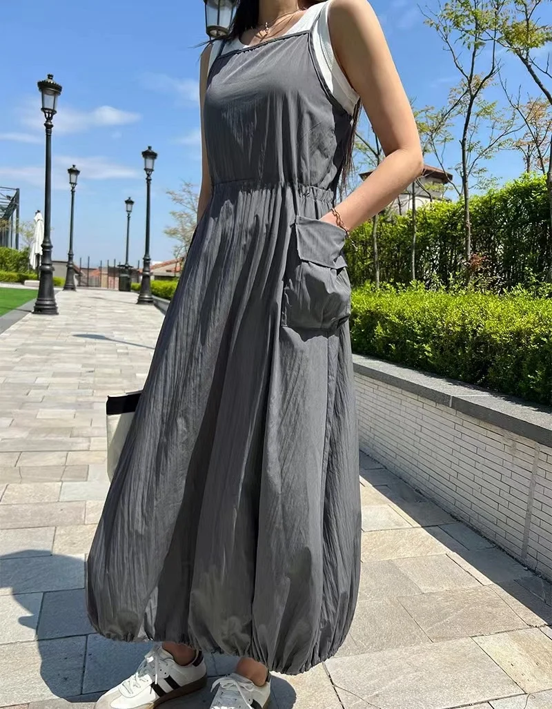 Summer Chic Thin Strap Dress Women's Drawstring Waist Slimming Long Skirt Fashionable Casual Vest Top Polyester Material
