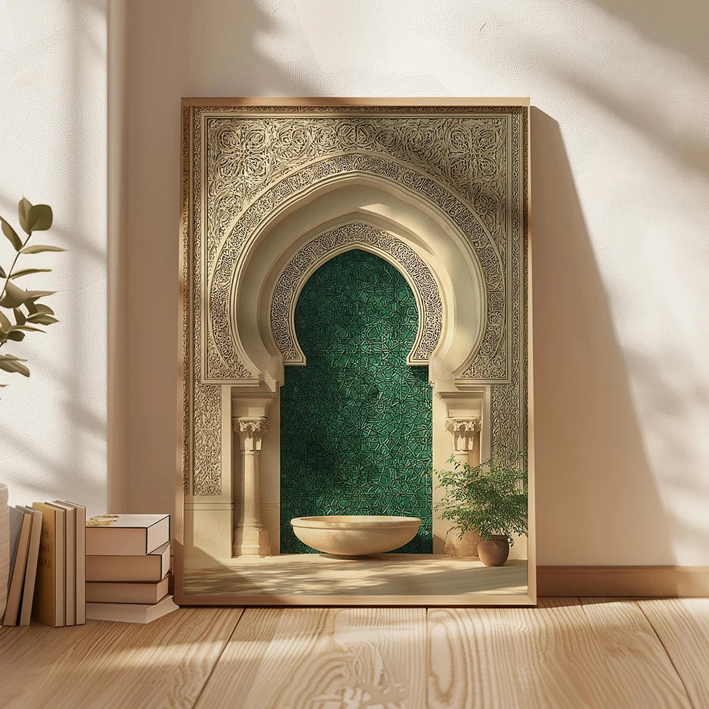 Moroccan Architecture Poster Emerald Green Tile Islamic Arch Canvas Print Vintage Doorway Wall Art Painting Mosque Living Room