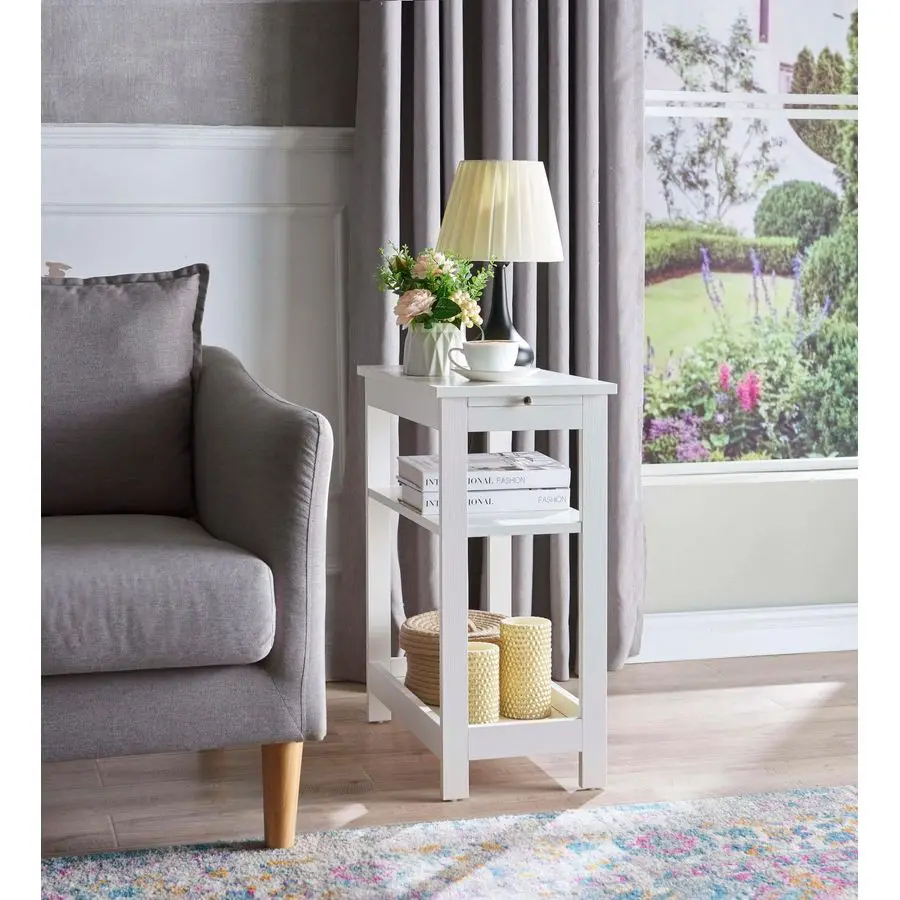 

Narrow Side End Table with Storage Shelves for Small Spaces, Nightstand Sofa Table for Living Room, Bedroom, White