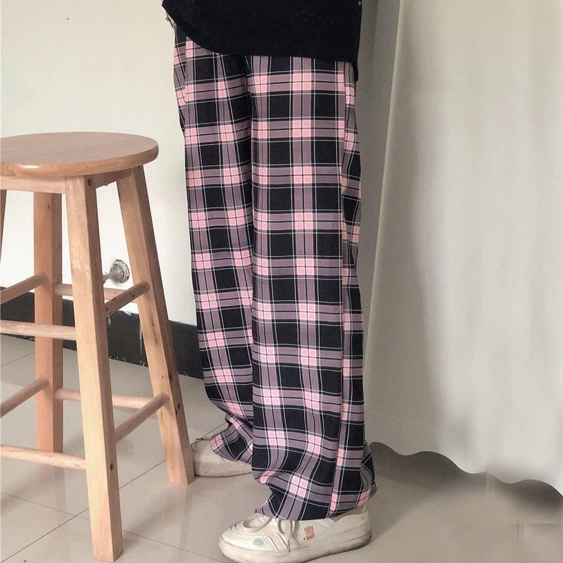 Harajuku Plaid Wide Leg Pants Women Streetwear Oversized Baggy Sweatpants Vintage High Waist Casual Joggers Black Trousers