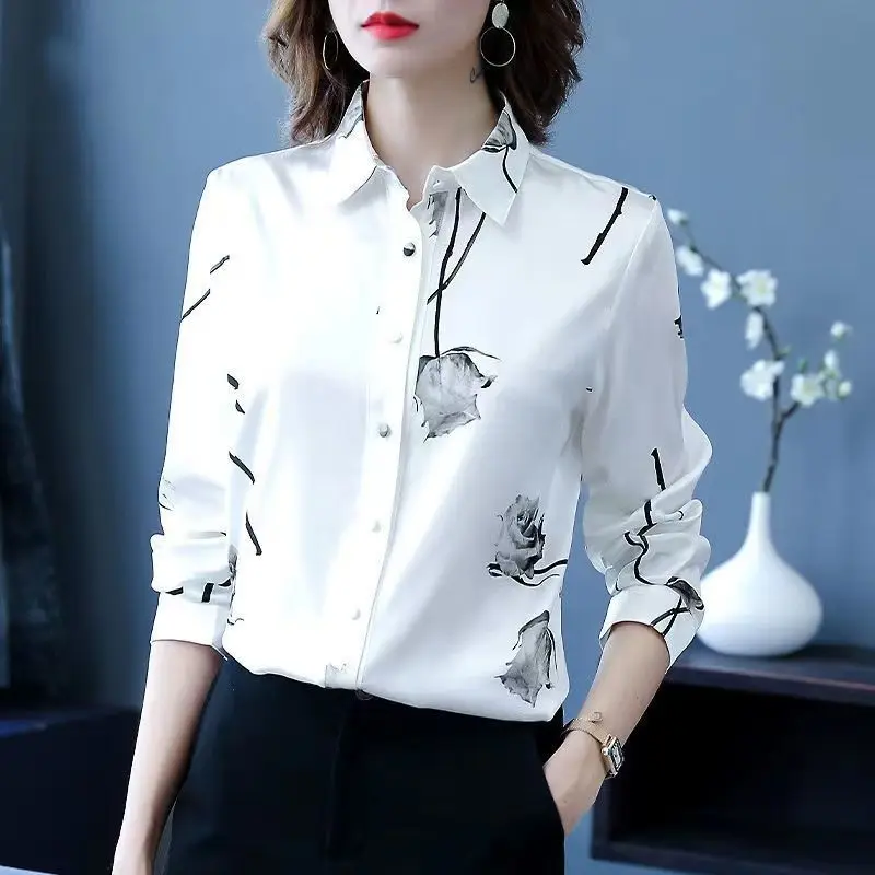 Blusa blanca de manga larga para mujer, camisa elegante de moda con estampado de rosa de alta gama para oficina, combina con todo, 2023