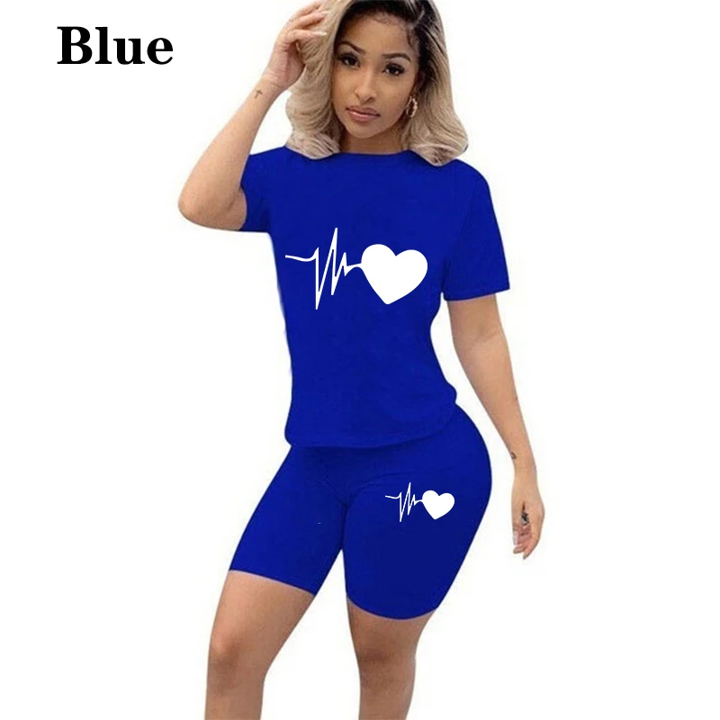 Verão Novas Mulheres Moda Cor Sólida Impressão 2 Peça Define Casual Sports Suit T-shirt de manga curta + Shorts S-3XL