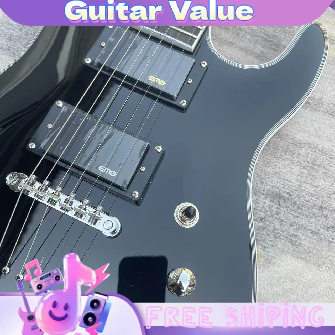 Black Ultra-Thin ESP-Style Electric Guitar  HH Pickups 24 Tone Sealed Active Pickups with Fixed Bridge view 4