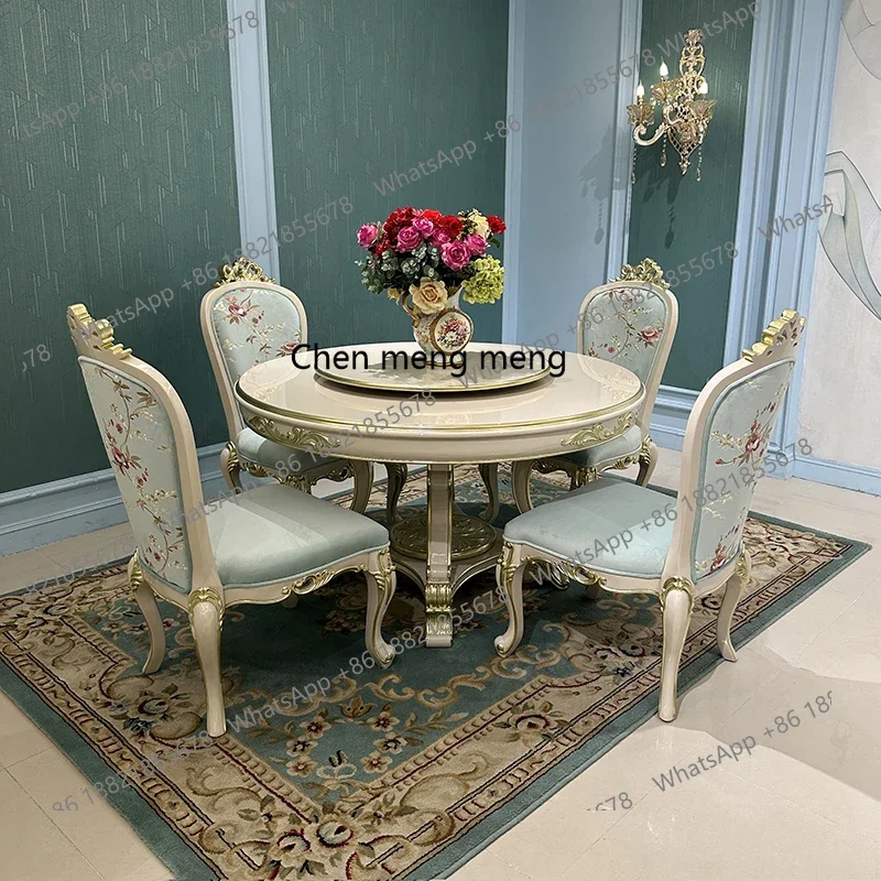 C456 Dining table and chair combination European luxury solid wood round dining table with turntable carved restaurant home