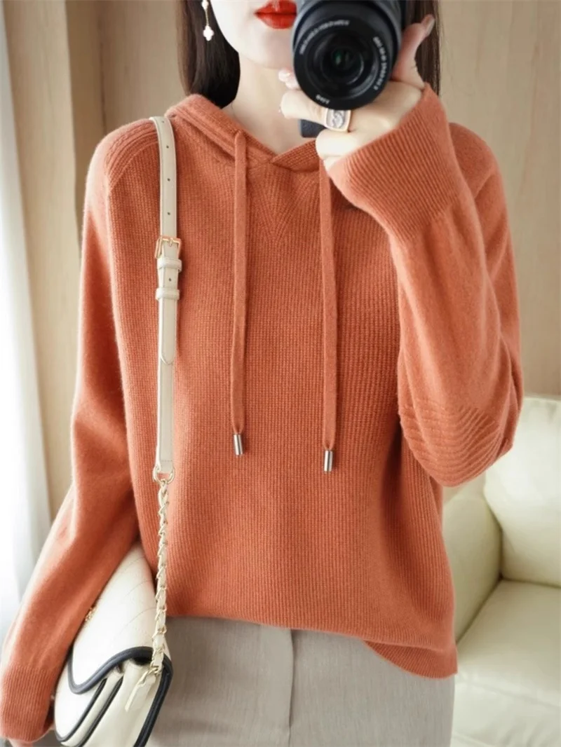 

Women's Korean Style Hooded Knitched Sweatshirt, Oversized Loose Pullover, Solid Color Casual Long Sleeve Top for Spring G170