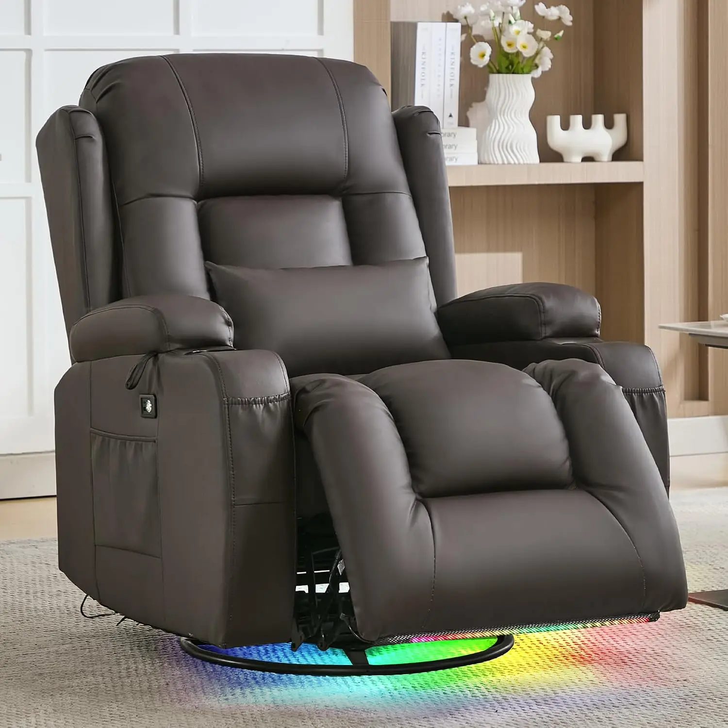 Swivel Rocker Recliner with LED Lights, 270° Reclining Sofa with Cup Holders & Pillow for Living Room, Faux Leather, Customized