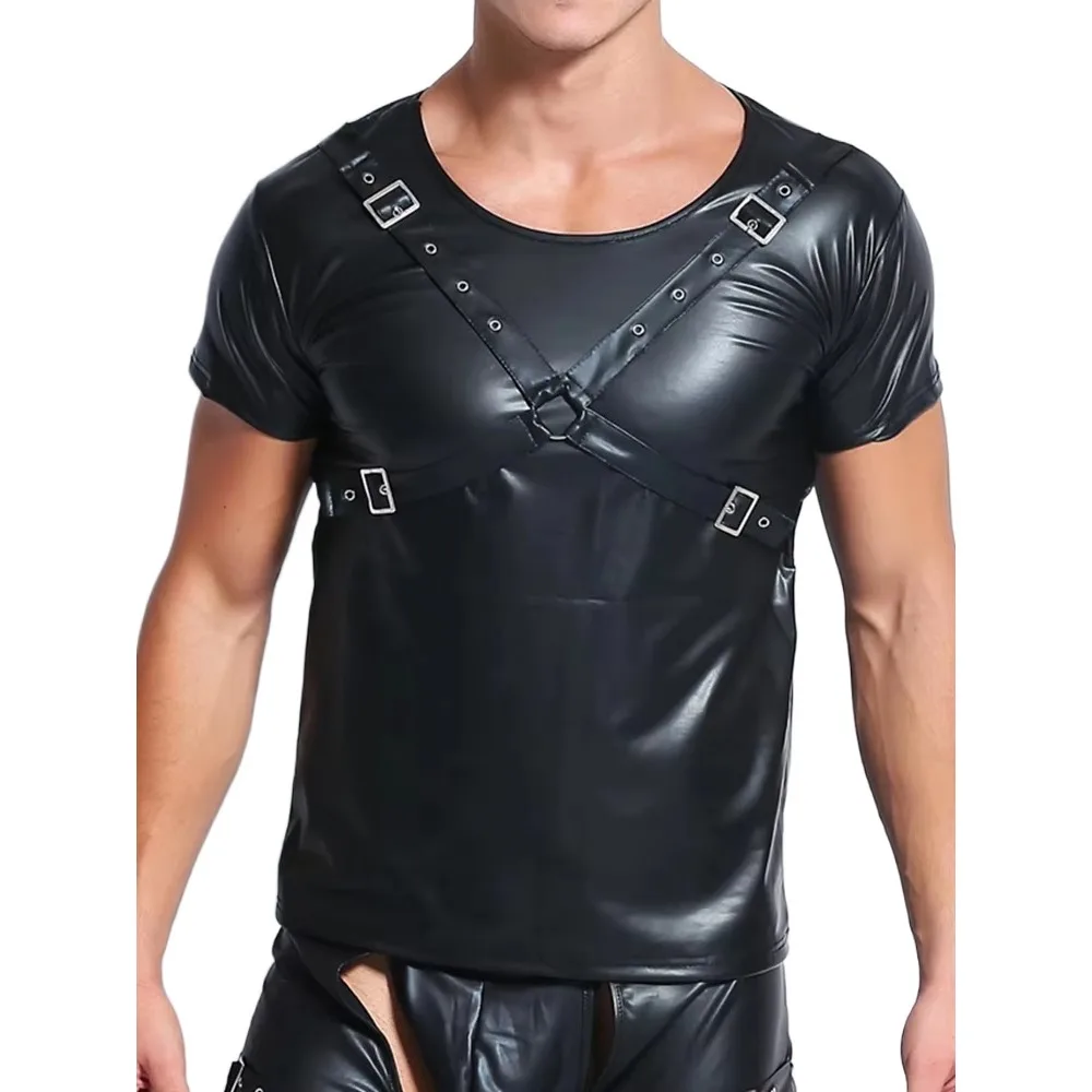 New Mens Sexy Faux Leather Black T-shirt Tops Rivet Bandage O-Neck Tops For Male Gay Wear T Shirts Men's Undershirts Tops