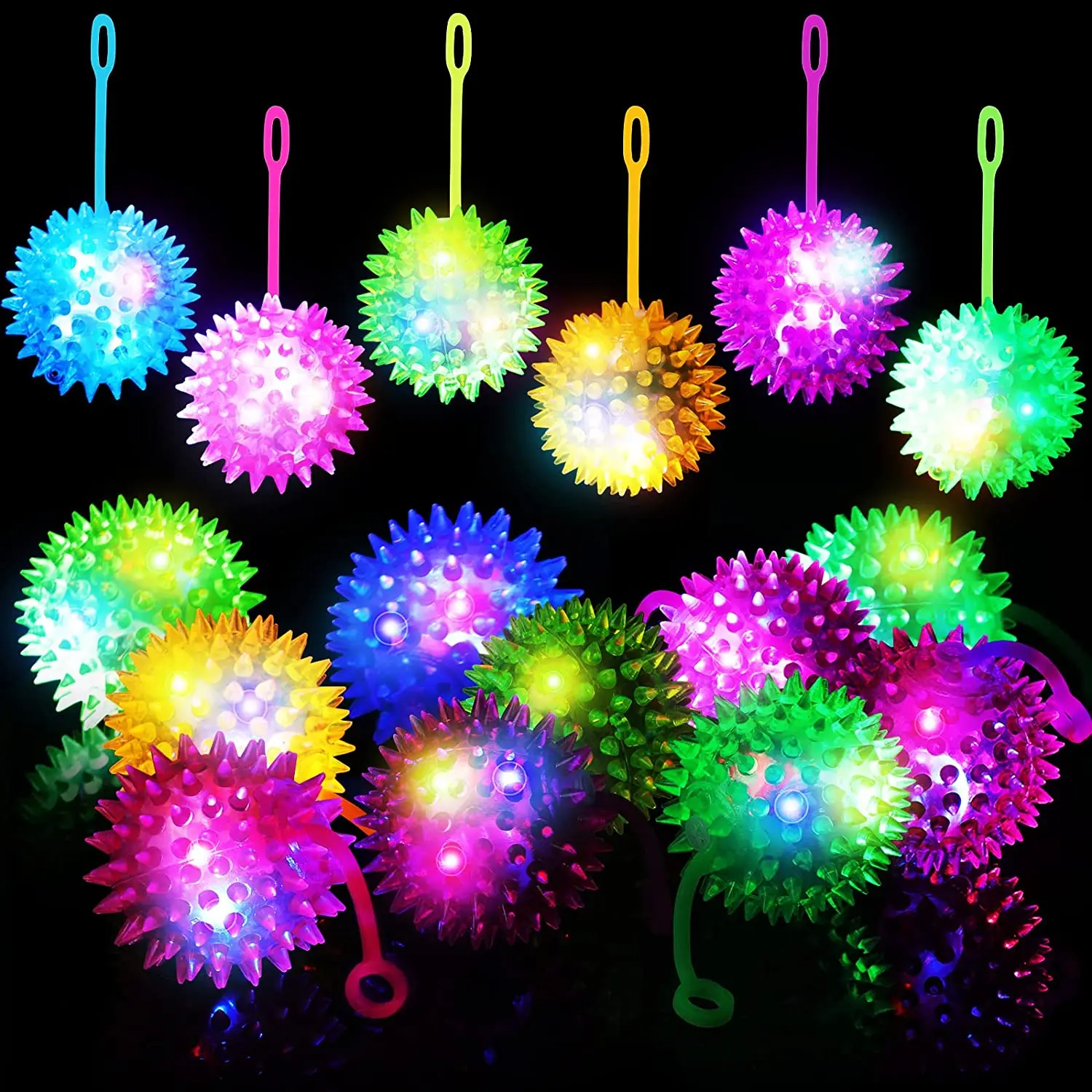 12 PCS Light up Balls Party Favors Fidget Spiky Toy Stress Relief Spike Rubber Ball Led Flashing Spiky Balls Flash Squeaky Ball