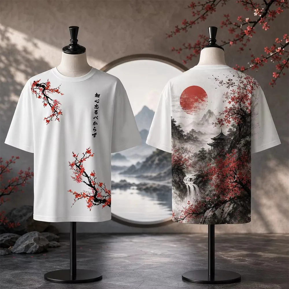 Unisex Harajuku 3D Print Cherry Blossom Pattern Breathable Quick-Drying T-Shirt Streetwear Outdoors Casual Parent-Child Clothing