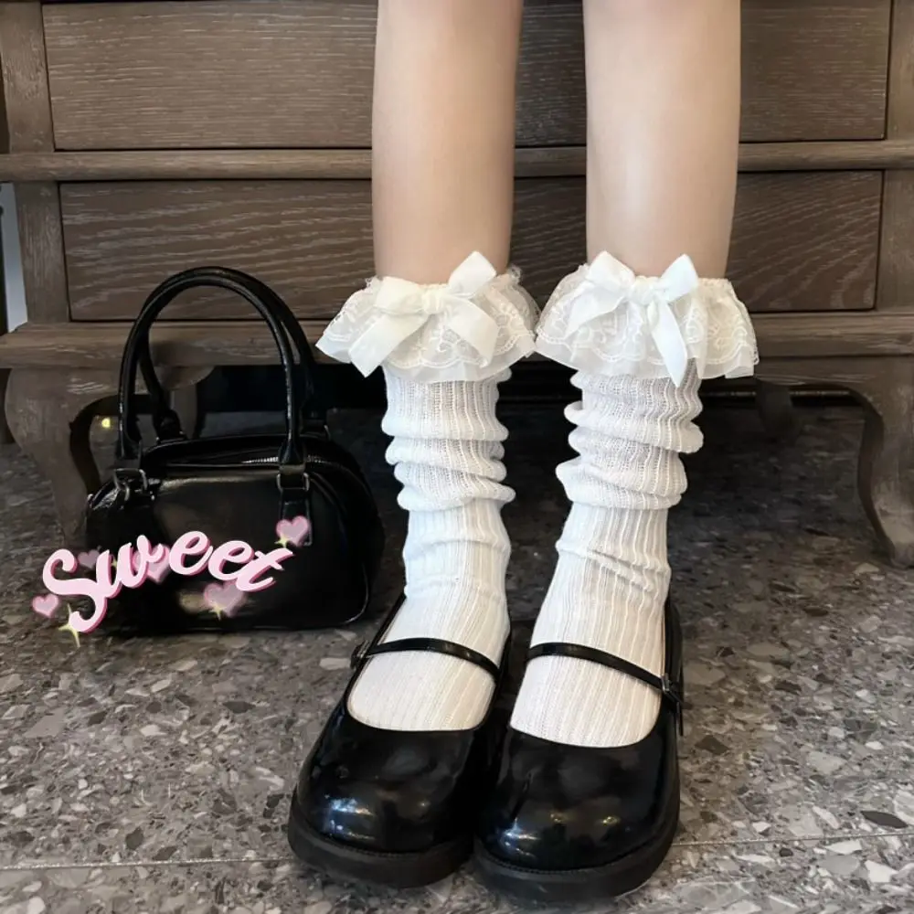 Fashion Loose Lace Ruffle Socks Bowknot Patchwork Knitted Mid Calf Socks Hosiery JK Women Stockings Uniform