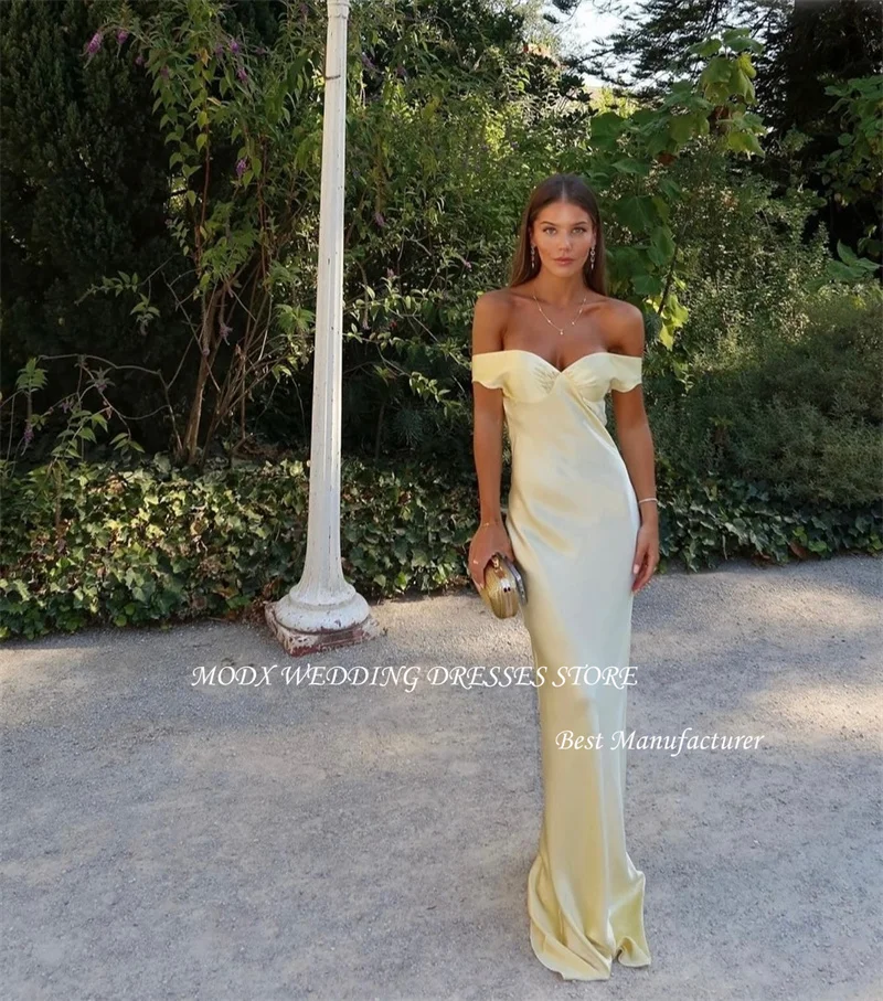 MODX-Vestidos de Noche amarillos con hombros descubiertos, Mangas de satén de seda, vestidos largos sin espalda para baile de graduación, vestido de fiesta Formal, Dubai, Árabe
